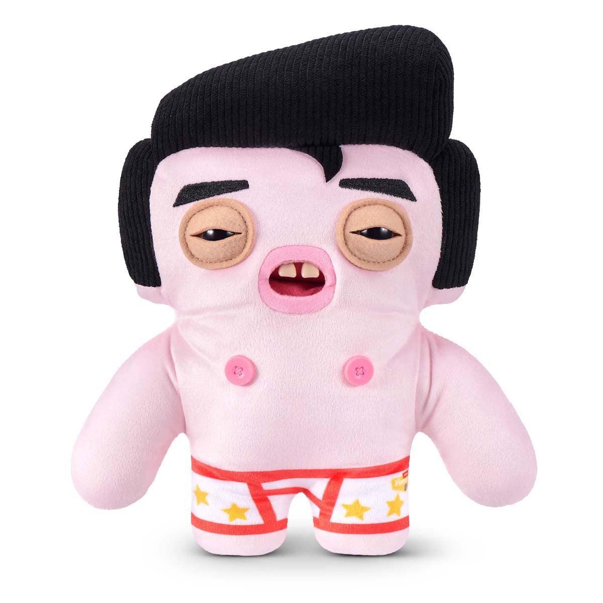 Fuggler Fuggstars Series 1 Greazee plush, a pink Elvis-inspired monster toy with black hair and star underwear.