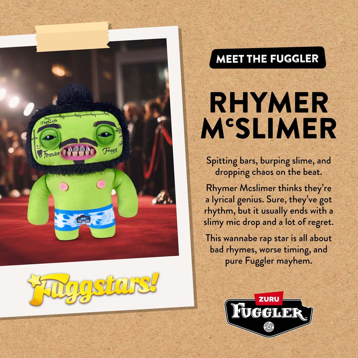 Fuggler Fuggstars Series 1 Rhymer McSlimer plush Meet the Fuggler bio card