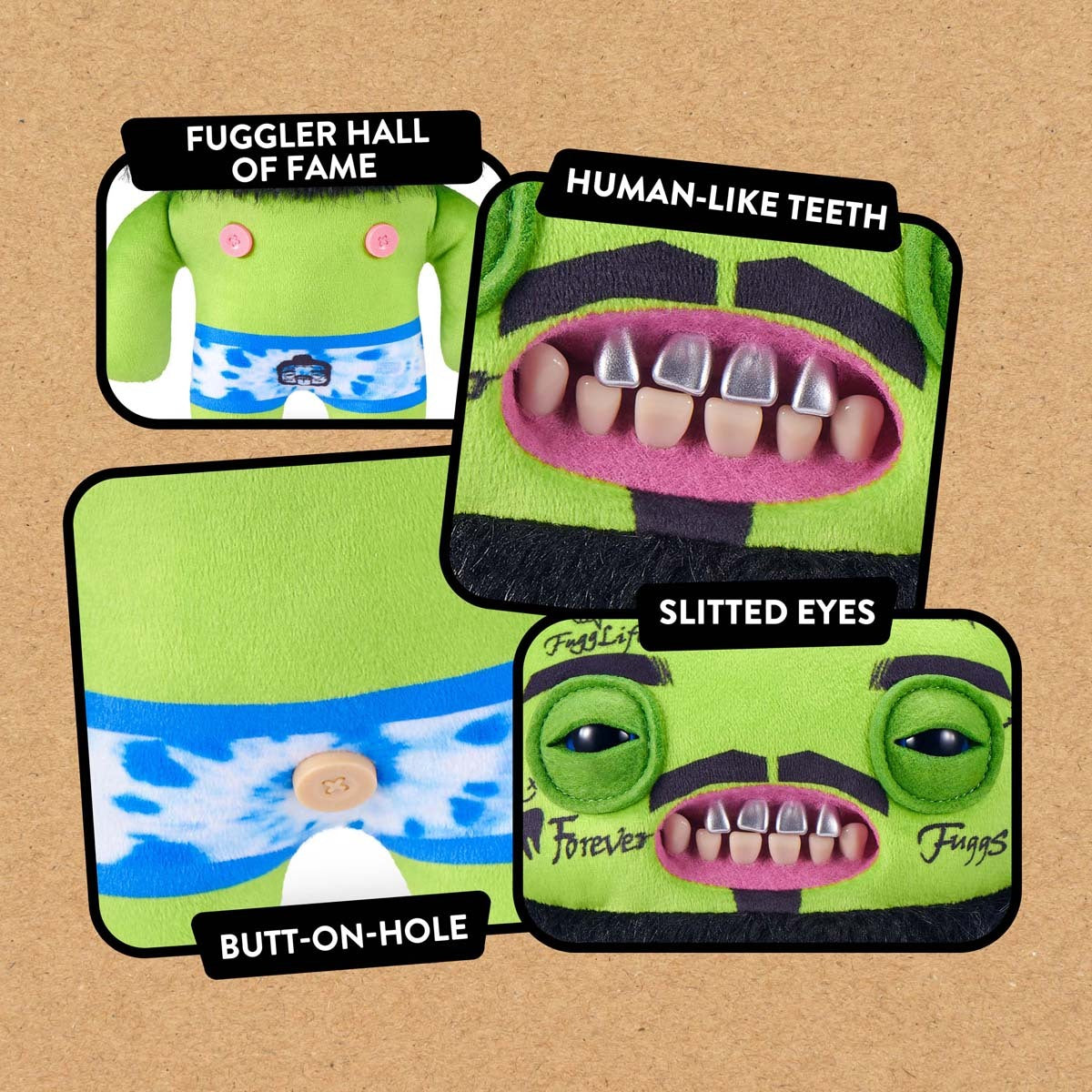 Close up of features for Fuggler Fuggstars Series 1 Rhymer McSlimer plush