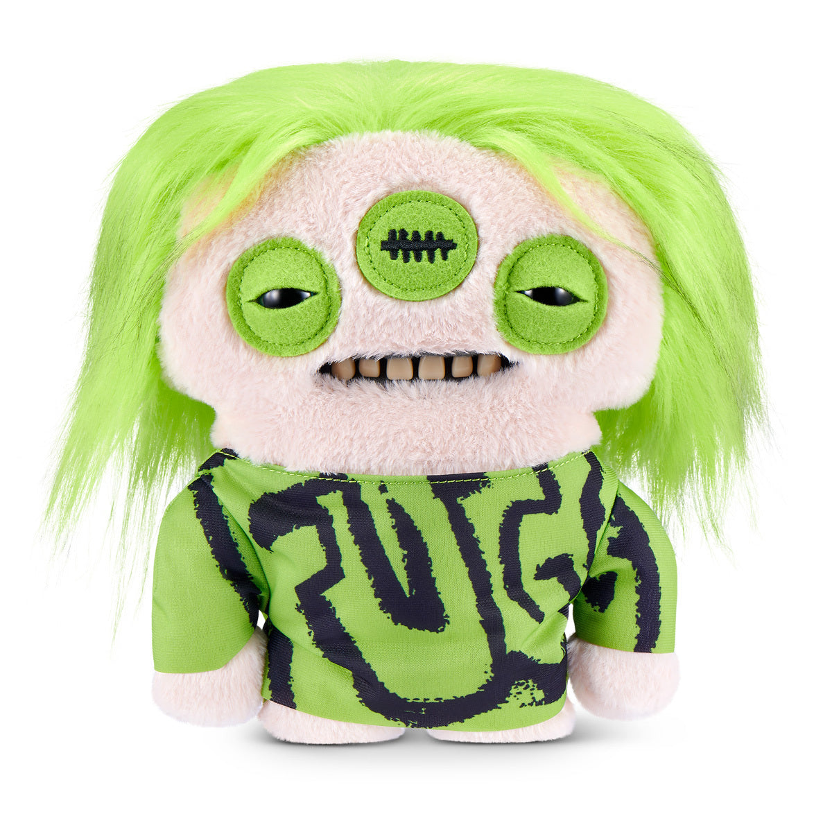 Fuggler Fuggstars Series 2 Eyelish plush wearing an oversized green and black shirt with neon green hair, three eyes, and human-like teeth.
