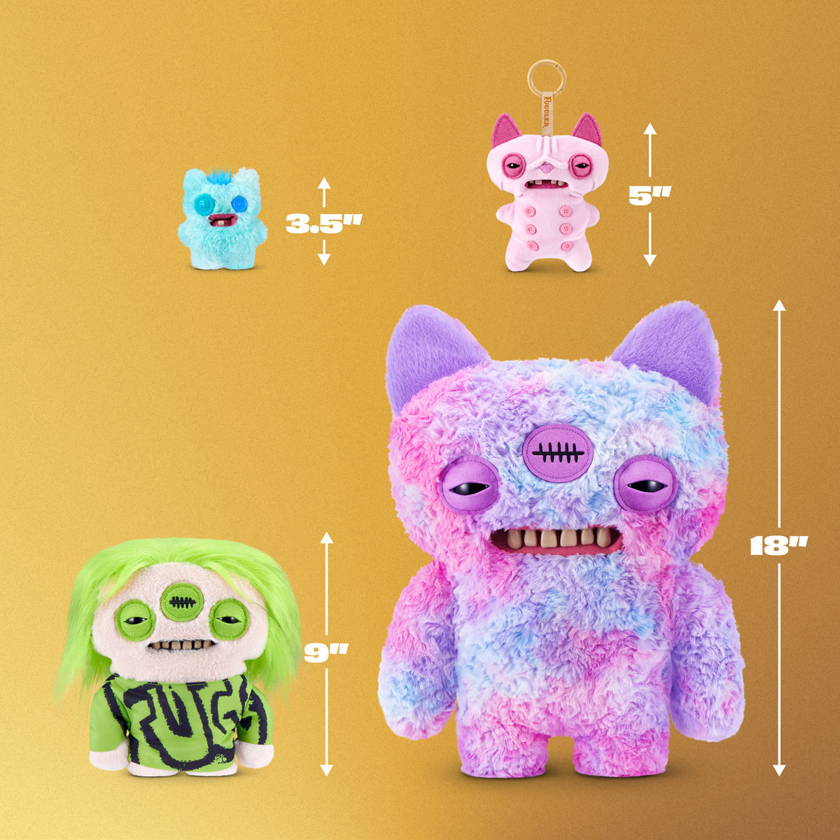Fuggler Fuggstars Series 2 Eyelish plush wearing an oversized green and black shirt with neon green hair, three eyes, and human-like teeth.