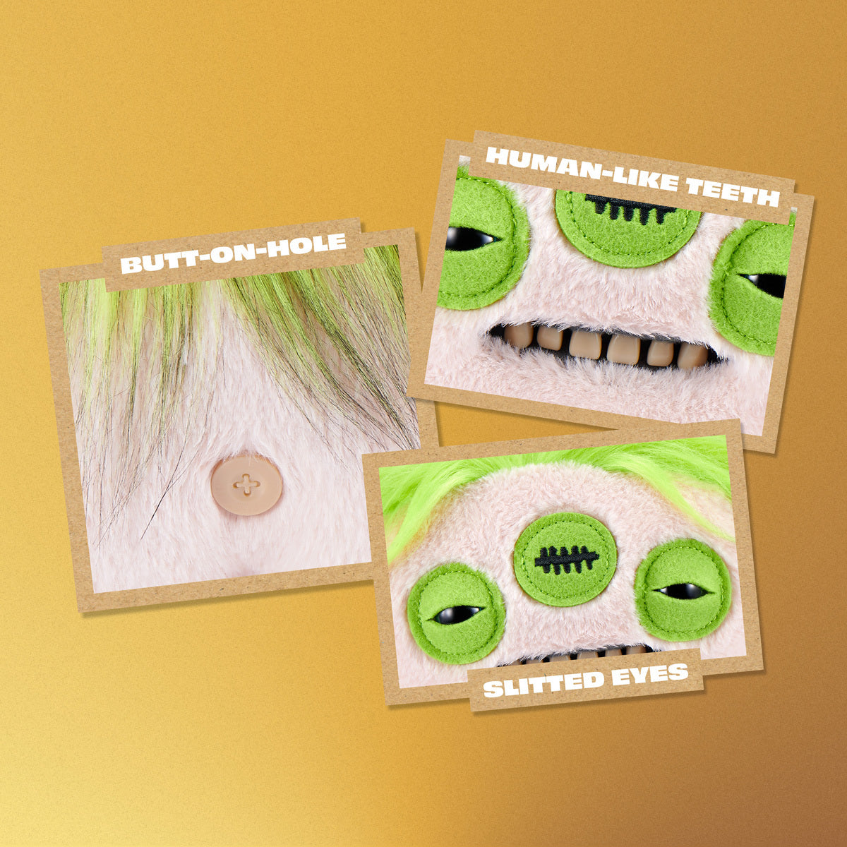 Fuggler Fuggstars Series 2 Eyelish plush wearing an oversized green and black shirt with neon green hair, three eyes, and human-like teeth.