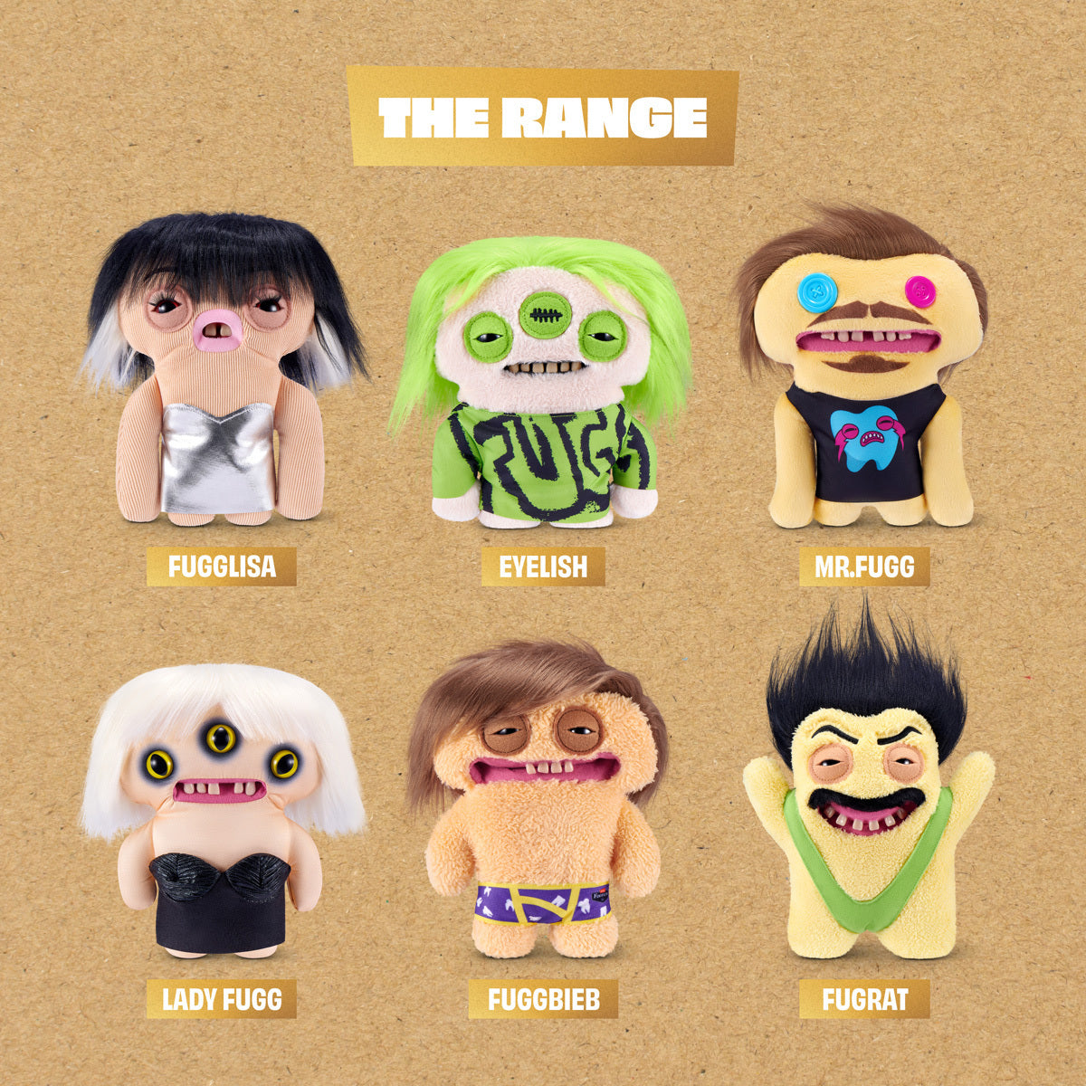 Fuggler Fuggstars Series 2 Eyelish plush wearing an oversized green and black shirt with neon green hair, three eyes, and human-like teeth.