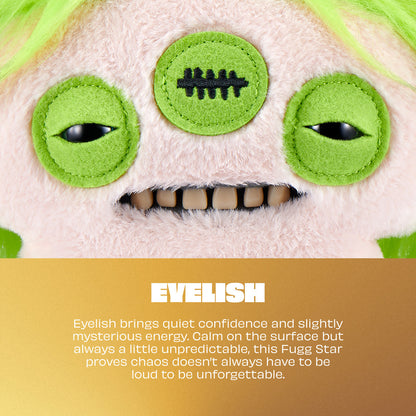 Close-up of a plush toy with green eyes and a neutral expression, branded 'Eyelish'.