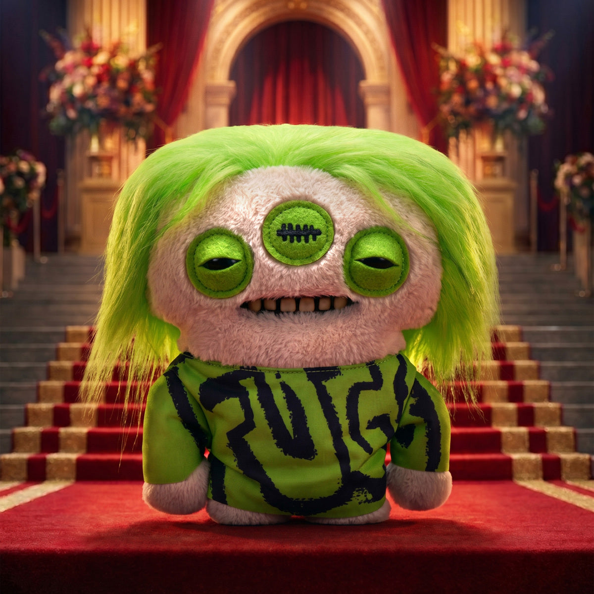 Fuggler Fuggstars Series 2 Eyelish plush wearing an oversized green and black shirt with neon green hair, three eyes, and human-like teeth.