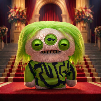 Fuggler Fuggstars Series 2 Eyelish plush wearing an oversized green and black shirt with neon green hair, three eyes, and human-like teeth.