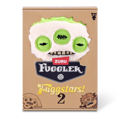 Fuggler Fuggstars Series 2 Eyelish plush wearing an oversized green and black shirt with neon green hair, three eyes, and human-like teeth.