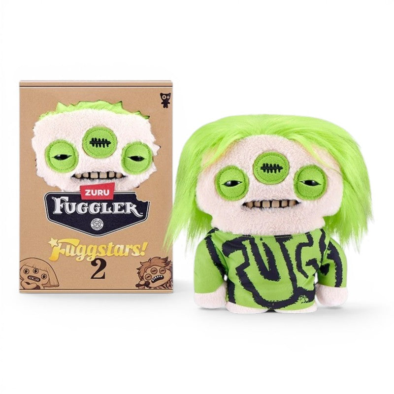 Fuggler Fuggstars Series 2 Eyelish plush wearing an oversized green and black shirt with neon green hair, three eyes, and human-like teeth.