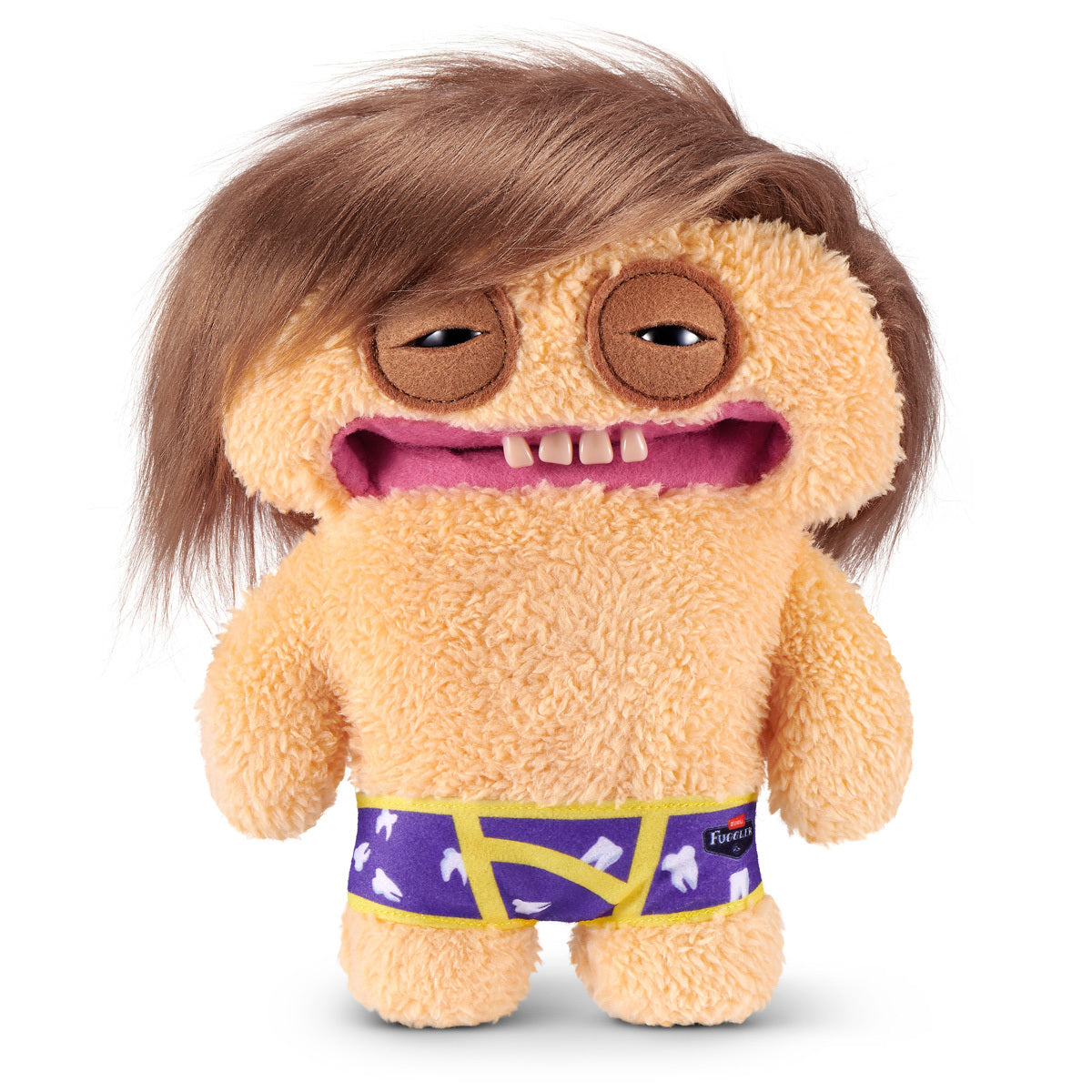 Fuggler Fuggstars Series 2 Fuggbieb plush wearing purple and yellow boxers with swoopy brown hair, mismatched eyes, and human-like teeth.
