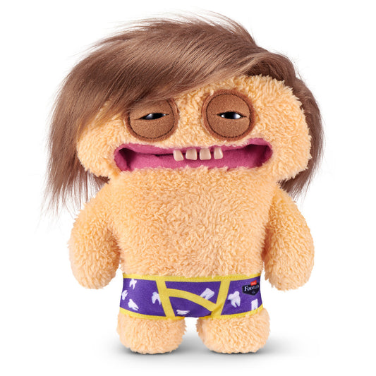 Fuggler Fuggstars Series 2 Fuggbieb plush wearing purple and yellow boxers with swoopy brown hair, mismatched eyes, and human-like teeth.