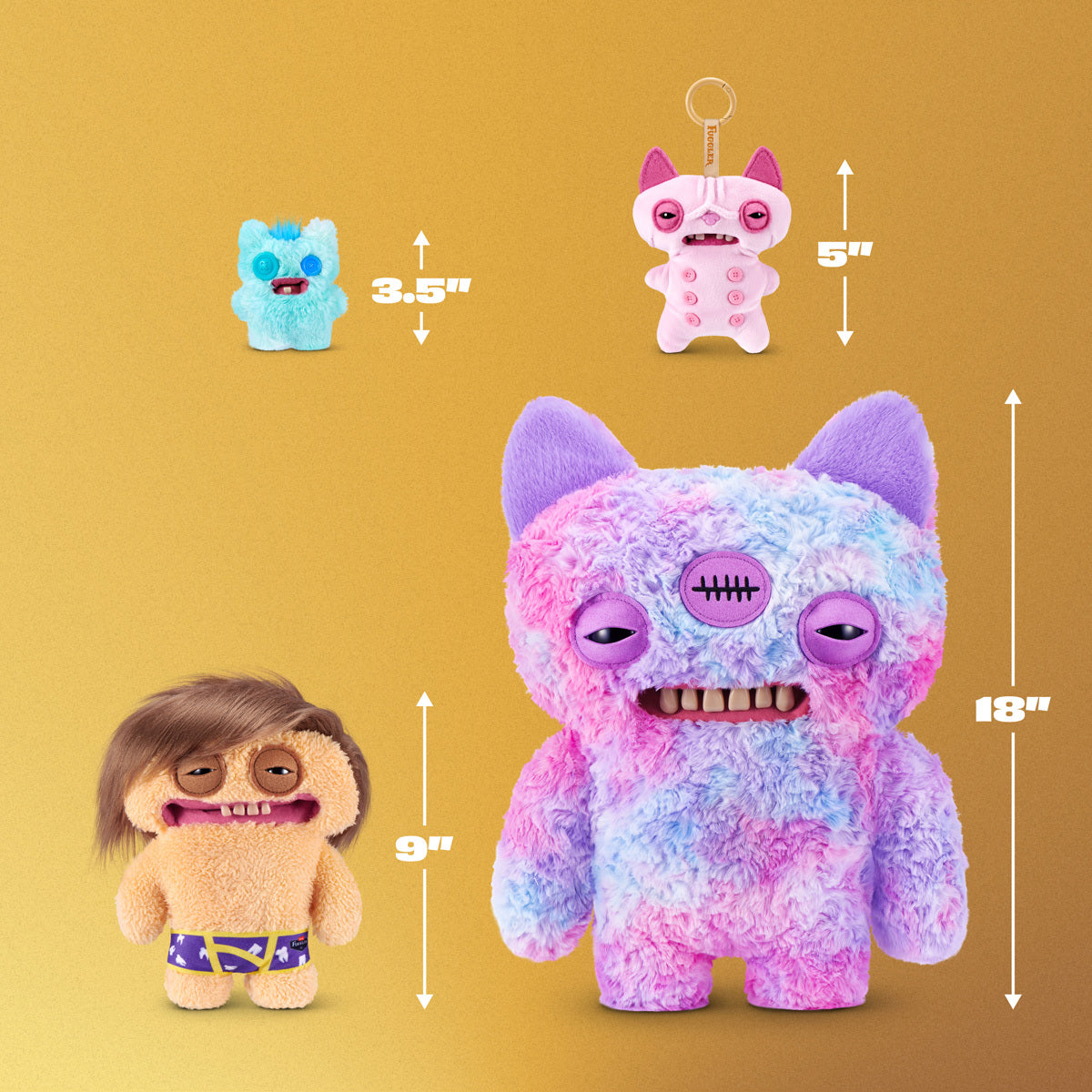 Four colorful plush toys with measurements on a yellow background