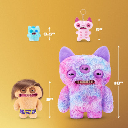 Four colorful plush toys with measurements on a yellow background