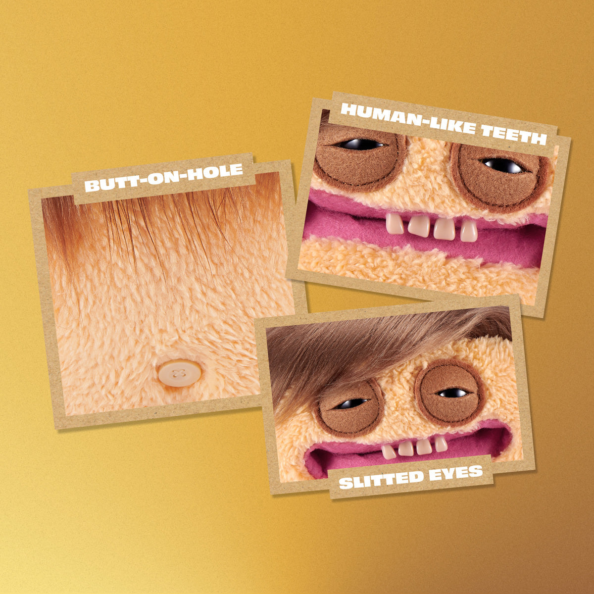 Three cards showing facial features with labels on a yellow background