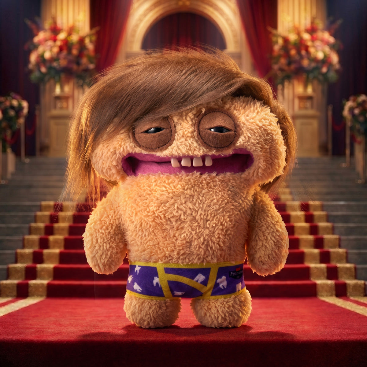 Plush toy with a surprised expression in a grand hall setting
