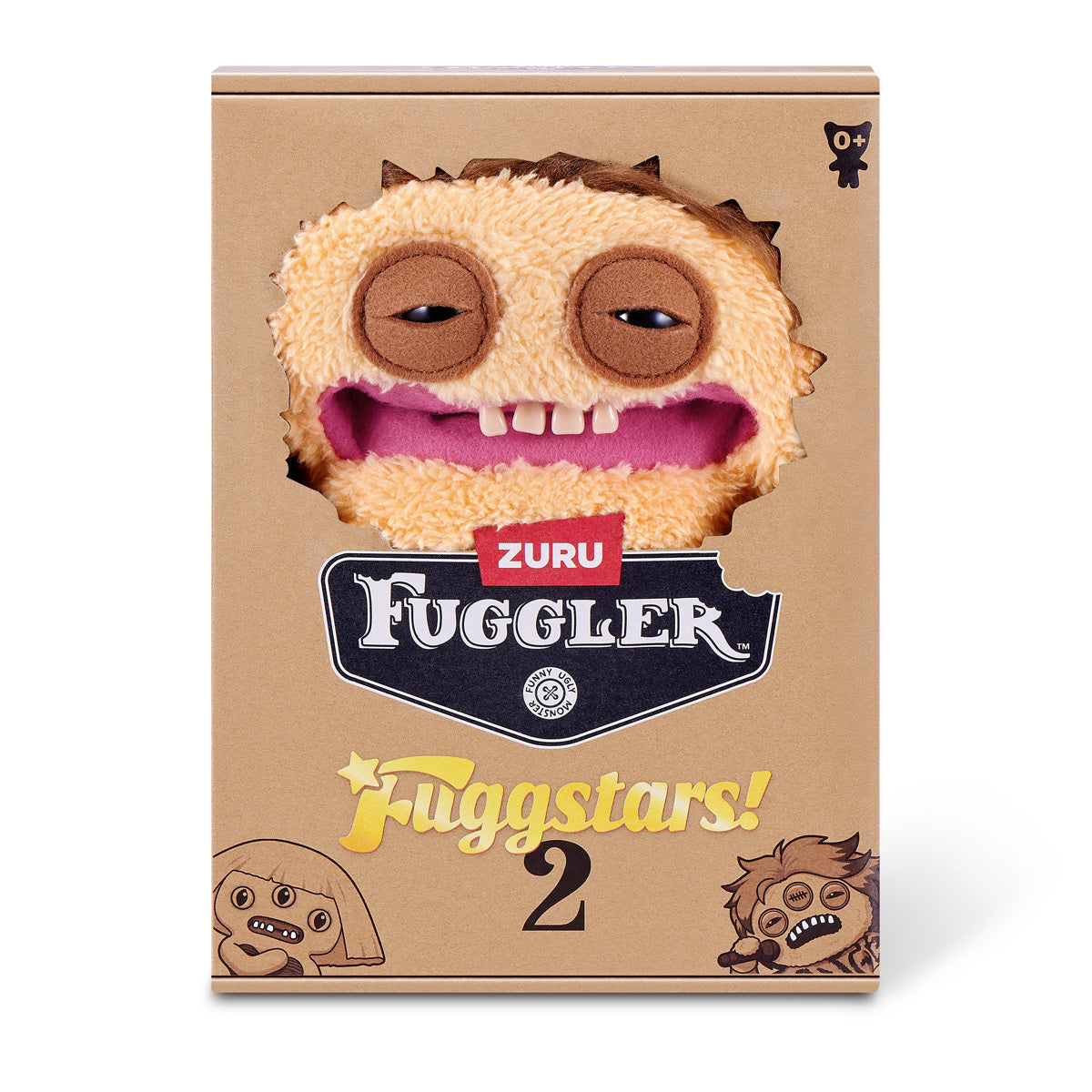 Fuggler Fuggstars Series 2 Fuggbieb plush wearing purple and yellow boxers with swoopy brown hair, mismatched eyes, and human-like teeth.