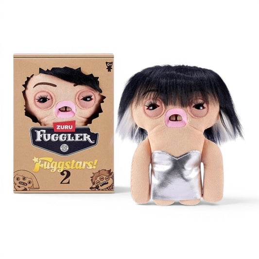 Fuggler Fuggstars Series 2 Fugglisa plush wearing a metallic silver top with sleek black hair and white underlights, and an O-shaped mouth with human-like teeth.