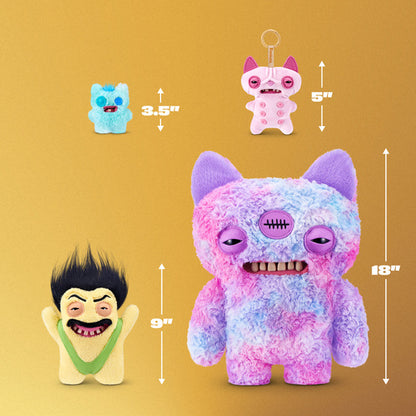 Four colorful plush toys with measurements on a brown background