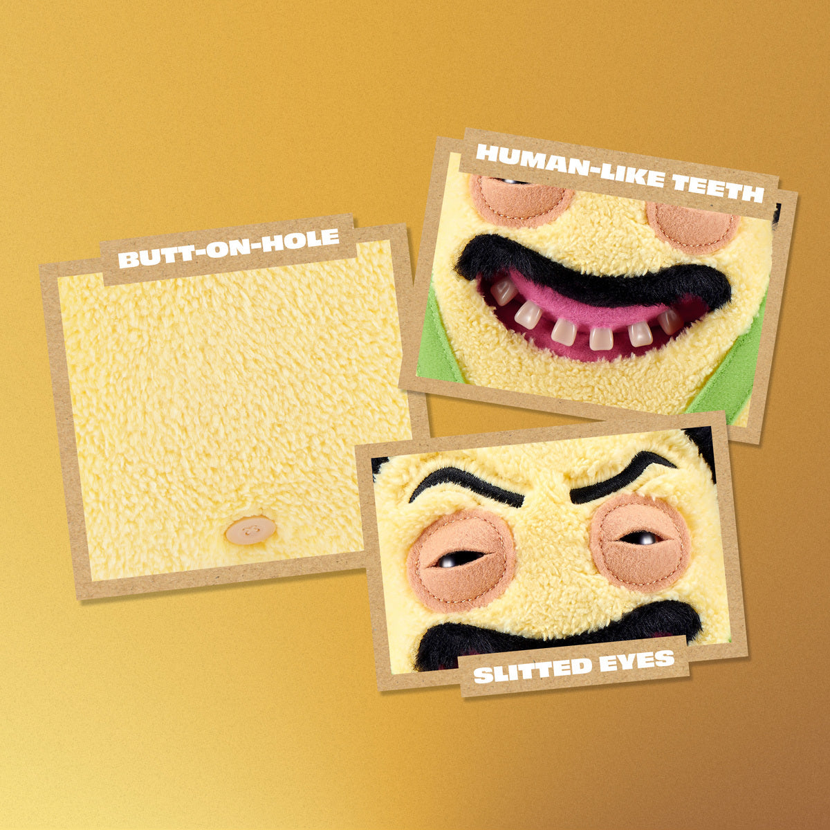 Three cards with facial features on a yellow background