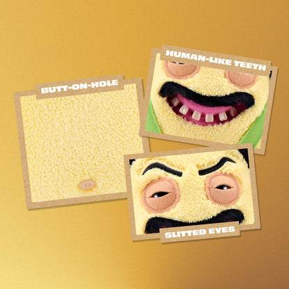 Three cards with facial features on a yellow background