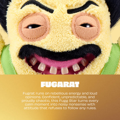 Close-up of a plush toy with a character description below on a brown background