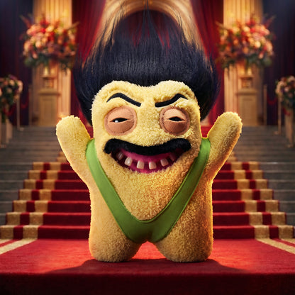 Furry character with a green strap in an opulent setting