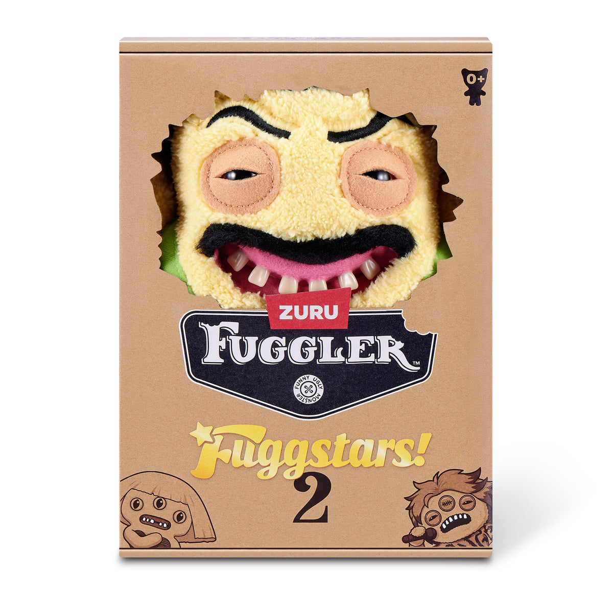 Fuggler Fuggstars Series 2 Fugrat plush wearing a neon green mankini with spiky black hair, a moustache, bushy eyebrows, and a wide-open mouth with human-like teeth.