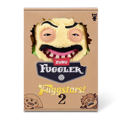 Fuggler Fuggstars Series 2 Fugrat plush wearing a neon green mankini with spiky black hair, a moustache, bushy eyebrows, and a wide-open mouth with human-like teeth.