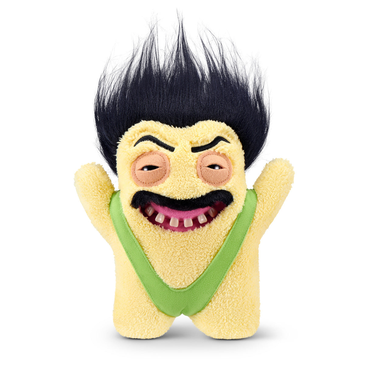 Fuggler Fuggstars Series 2 Fugrat plush wearing a neon green mankini with spiky black hair, a moustache, bushy eyebrows, and a wide-open mouth with human-like teeth.