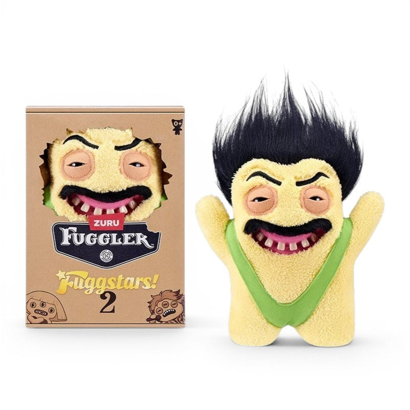 Fuggler Fuggstars Series 2 Fugrat plush wearing a neon green mankini with spiky black hair, a moustache, bushy eyebrows, and a wide-open mouth with human-like teeth.