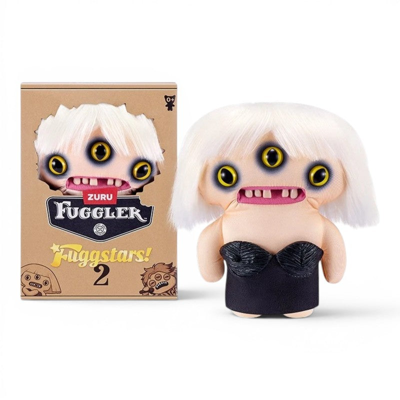 Fuggler Fuggstars Series 2 Lady Fugg plush wearing a black bustier with a platinum blonde bob haircut, three eyes, and human-like teeth.