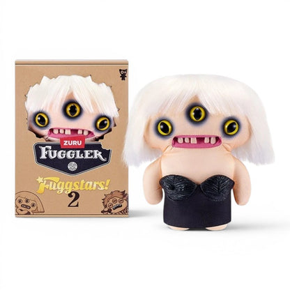 Fuggler Fuggstars Series 2 Lady Fugg plush wearing a black bustier with a platinum blonde bob haircut, three eyes, and human-like teeth.