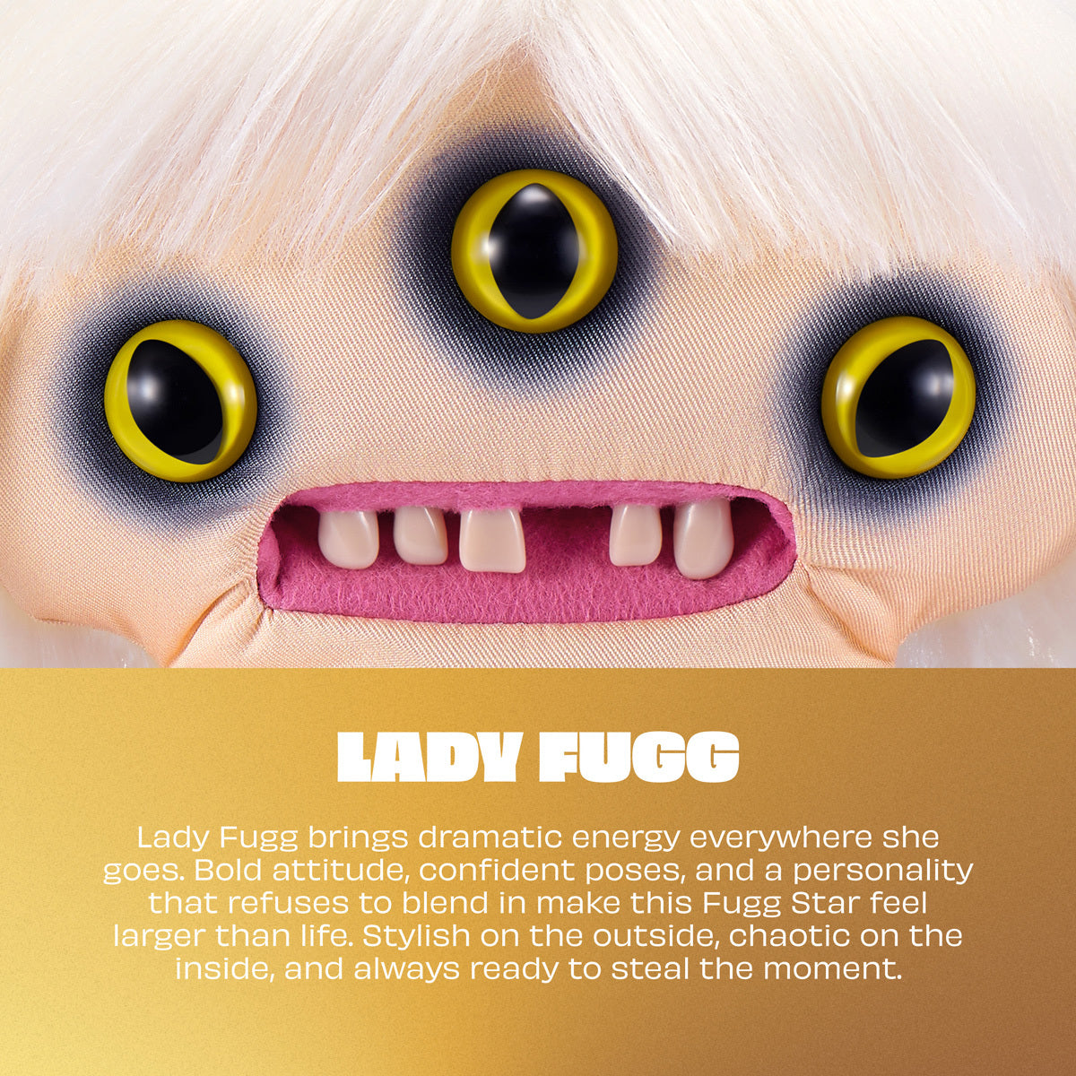 Fuggler Fuggstars Series 2 Lady Fugg plush wearing a black bustier with a platinum blonde bob haircut, three eyes, and human-like teeth.