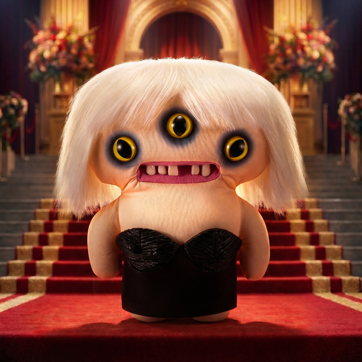 Fuggler Fuggstars Series 2 Lady Fugg plush wearing a black bustier with a platinum blonde bob haircut, three eyes, and human-like teeth.