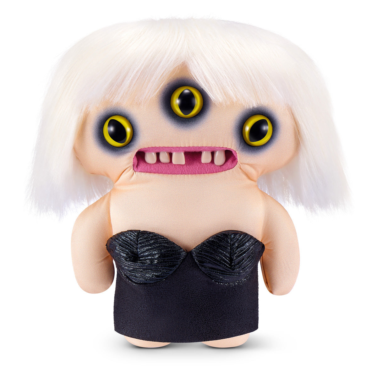 Fuggler Fuggstars Series 2 Lady Fugg plush wearing a black bustier with a platinum blonde bob haircut, three eyes, and human-like teeth.