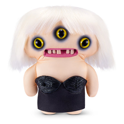 Fuggler Fuggstars Series 2 Lady Fugg plush wearing a black bustier with a platinum blonde bob haircut, three eyes, and human-like teeth.