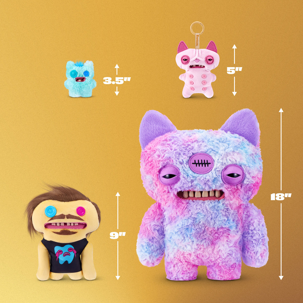 Four colorful plush toys with measurements on a mustard yellow background