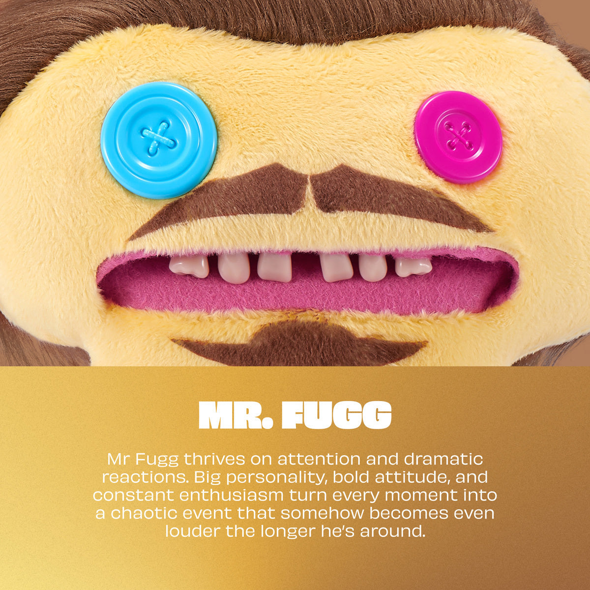 Fuggler Fuggstars Series 2 Mr. Fugg plush wearing a black tank top with a blue graphic, featuring brown hair, a moustache, mismatched pink and blue button eyes, and human-like teeth.