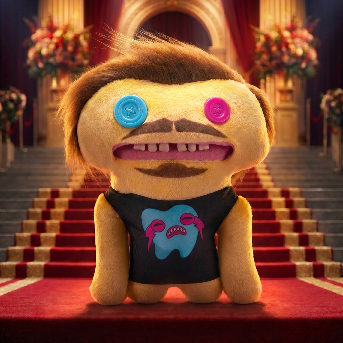 Plush toy with a unique design in an elegant interior setting