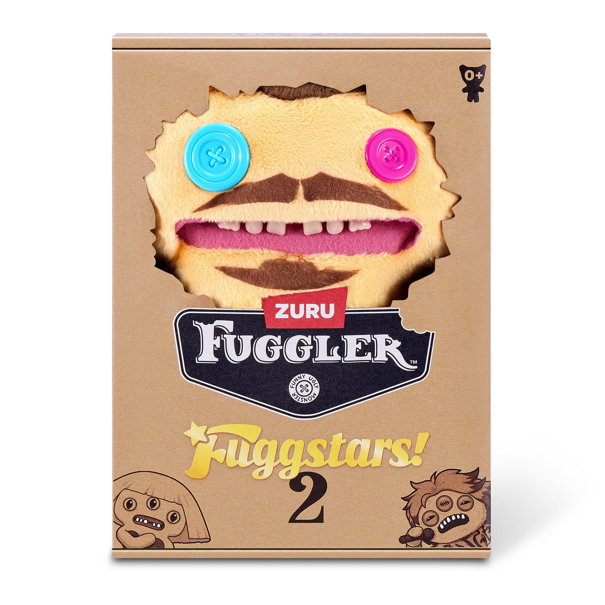 Fuggler Fuggstars Series 2 Mr. Fugg plush wearing a black tank top with a blue graphic, featuring brown hair, a moustache, mismatched pink and blue button eyes, and human-like teeth.