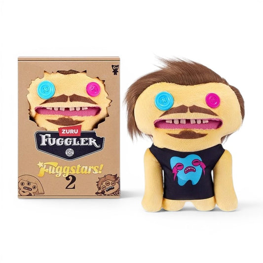 Fuggler Fuggstars Series 2 Mr. Fugg plush wearing a black tank top with a blue graphic, featuring brown hair, a moustache, mismatched pink and blue button eyes, and human-like teeth.