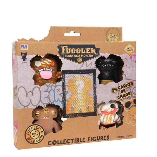 Fuggler Collectible Figures Gold Edition 5-Pack Deluxe Box, showing four creepy-cute monster figures and one hidden mystery figure in a cardboard crate.