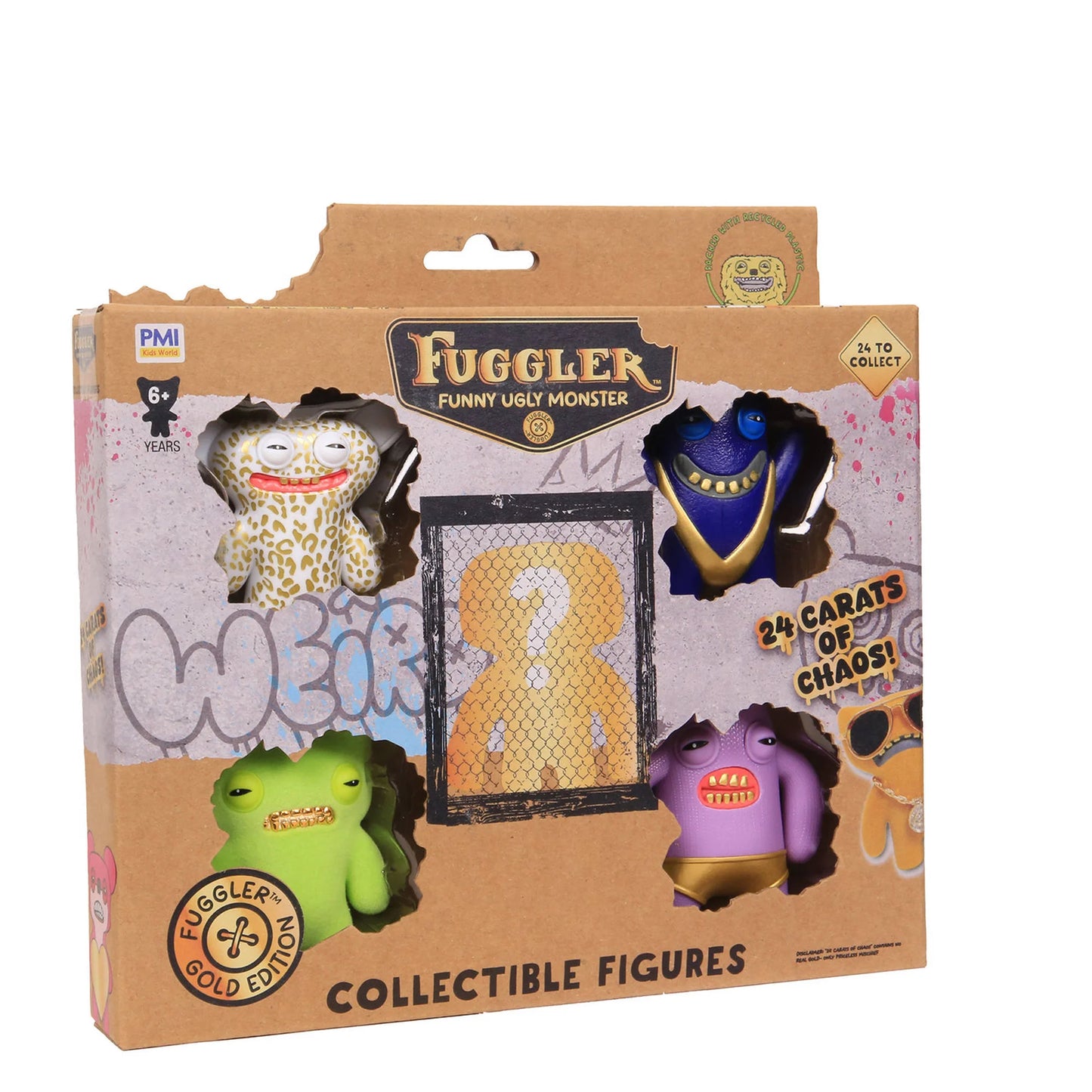 Fuggler Collectible Figures Gold Edition 5-Pack Deluxe Box, showing four creepy-cute monster figures and one hidden mystery figure in a cardboard crate.