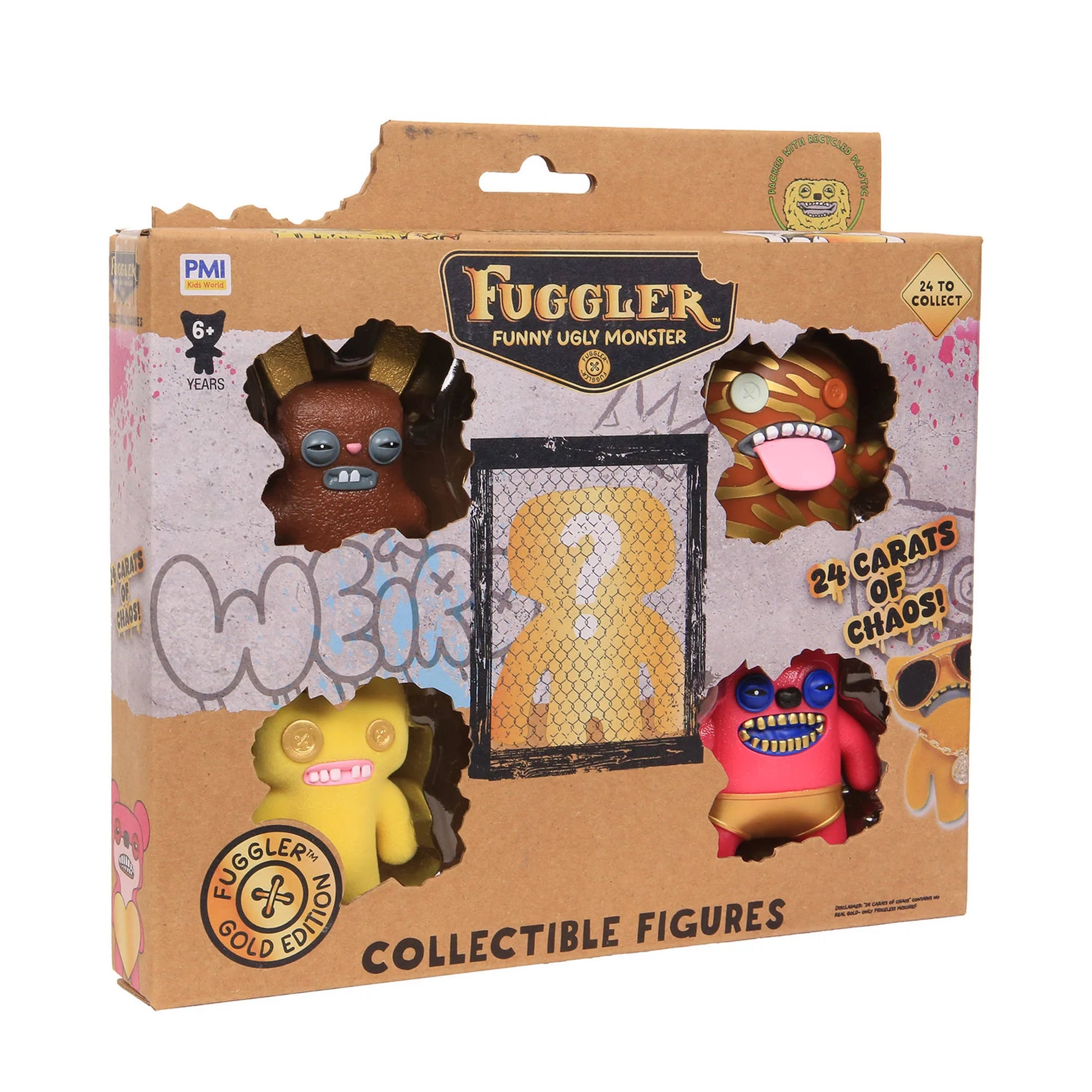 Fuggler Collectible Figures Gold Edition 5-Pack Deluxe Box, showing four creepy-cute monster figures and one hidden mystery figure in a cardboard crate.