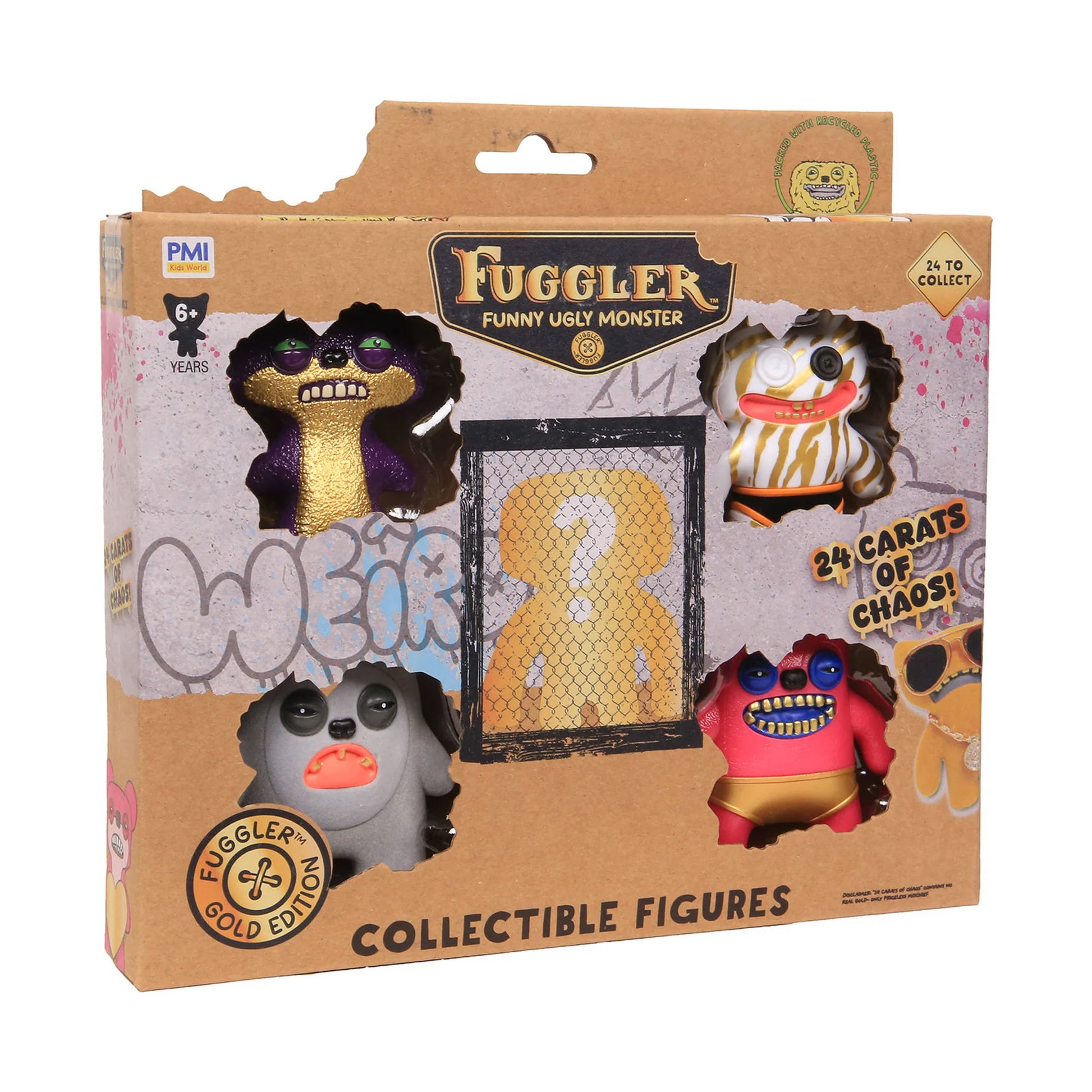Fuggler Collectible Figures Gold Edition 5-Pack Deluxe Box, showing four creepy-cute monster figures and one hidden mystery figure in a cardboard crate.