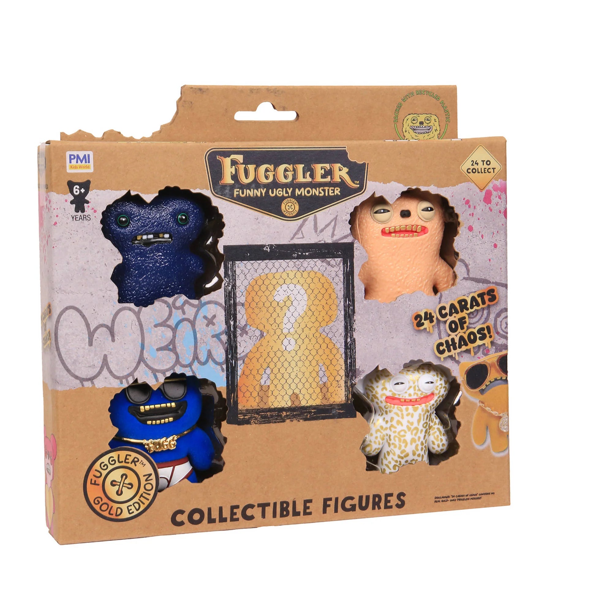 Fuggler Collectible Figures Gold Edition 5-Pack Deluxe Box, showing four creepy-cute monster figures and one hidden mystery figure in a cardboard crate.