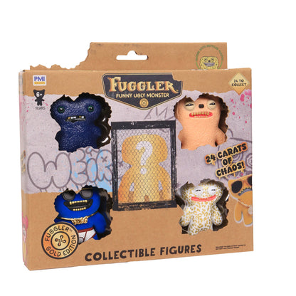 Fuggler Collectible Figures Gold Edition 5-Pack Deluxe Box, showing four creepy-cute monster figures and one hidden mystery figure in a cardboard crate.