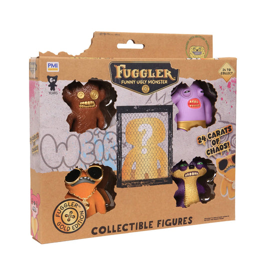 Fuggler Collectible Figures Gold Edition 5-Pack Deluxe Box, showing four creepy-cute monster figures and one hidden mystery figure in a cardboard crate.