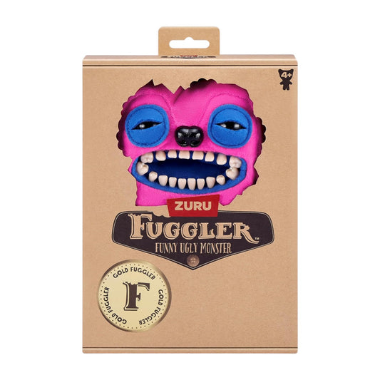 Pink velvet Fuggler Gold Fuggs 9-inch plush Greedy Grinner wearing metallic golden pleather underwear with slitted eyes and human-like teeth.