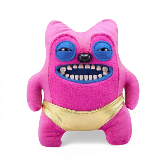 Pink velvet Fuggler Gold Fuggs 9-inch plush Greedy Grinner wearing metallic golden pleather underwear with slitted eyes and human-like teeth.