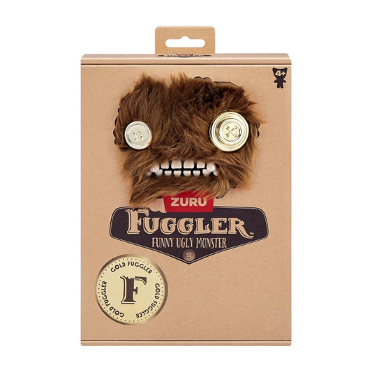 Brown long-haired Fuggler Gold Fuggs 9-inch plush Grumpy Grumps with two mismatched metallic gold button eyes and gold teeth.